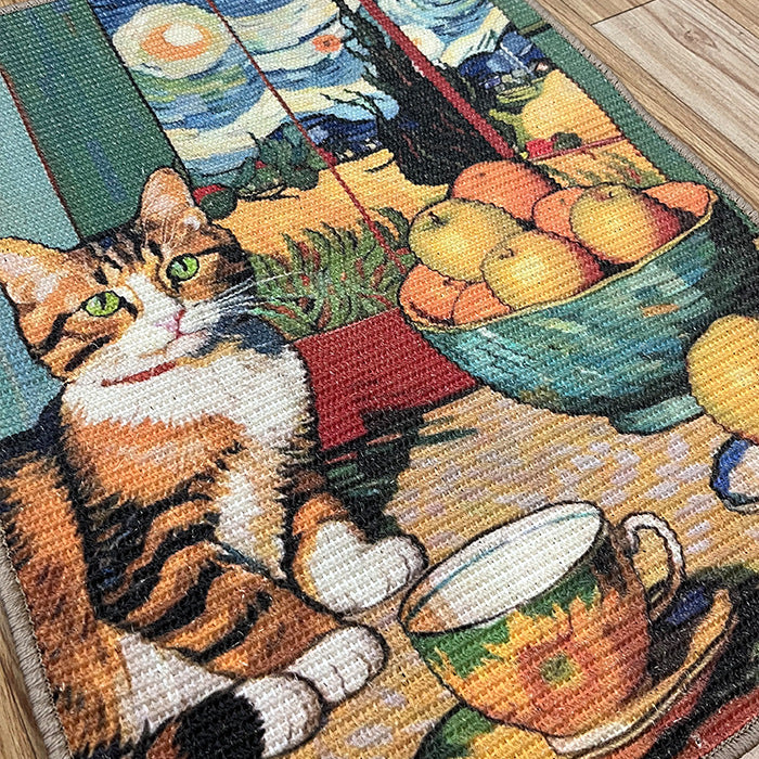 A wall-mounted cat scratching pad with a cat, fruit bowl, and cup design inspired by Van Gogh's 'Starry Night'.
