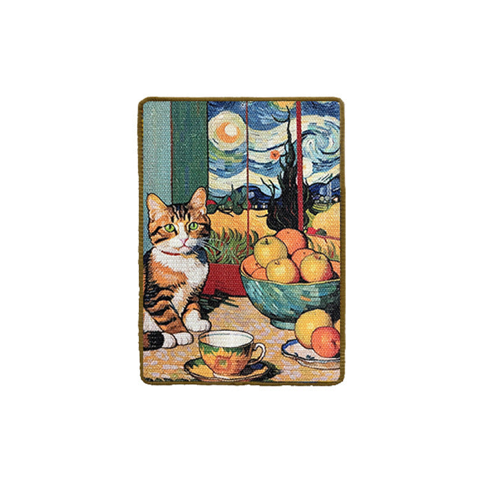A wall-mounted cat scratching pad with a cat, fruit bowl, and cup design inspired by Van Gogh's 'Starry Night'.
