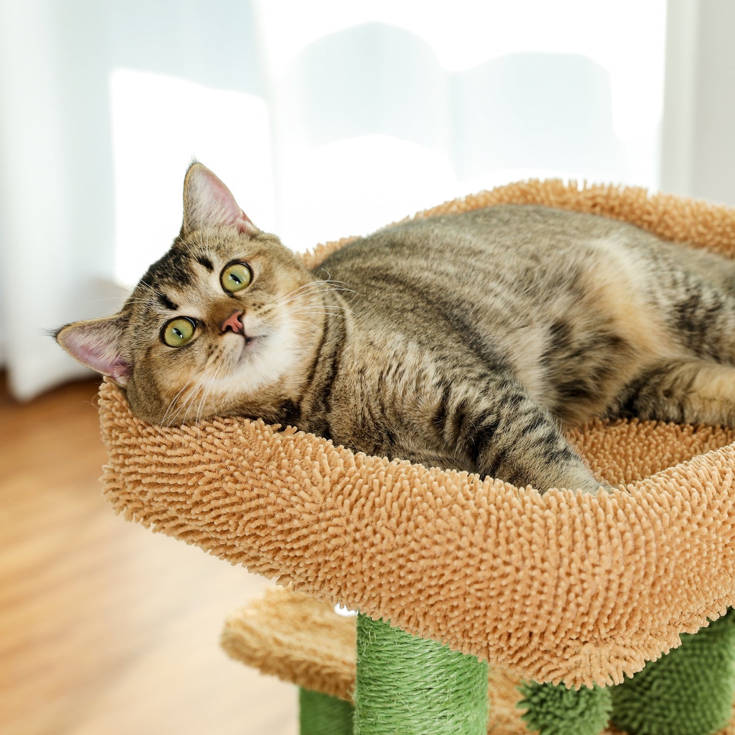 A cactus-shaped cat condo with a cat lying on it.