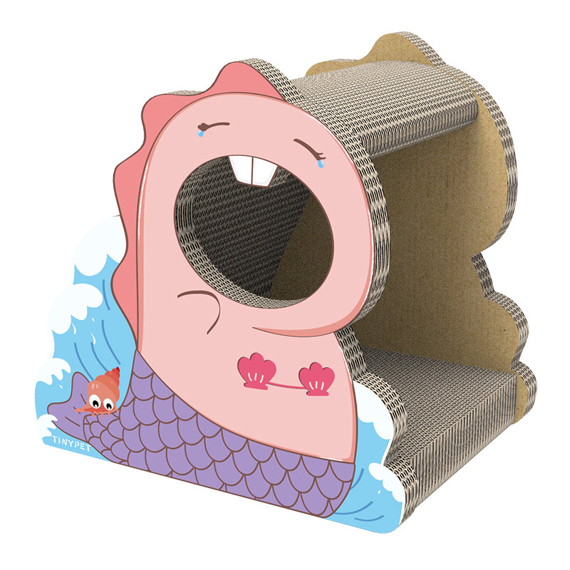 A pink and purple Mermaid cat house with scratch board on a white background