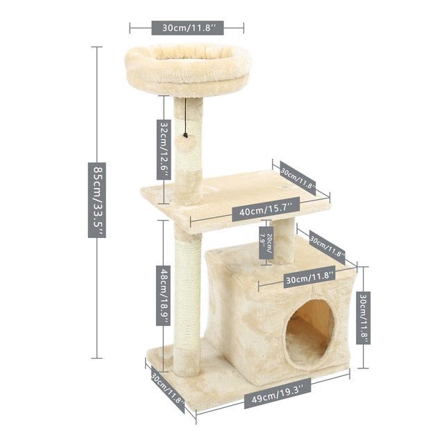 The dimensions of a nude colour multi-layer cat tree with white background