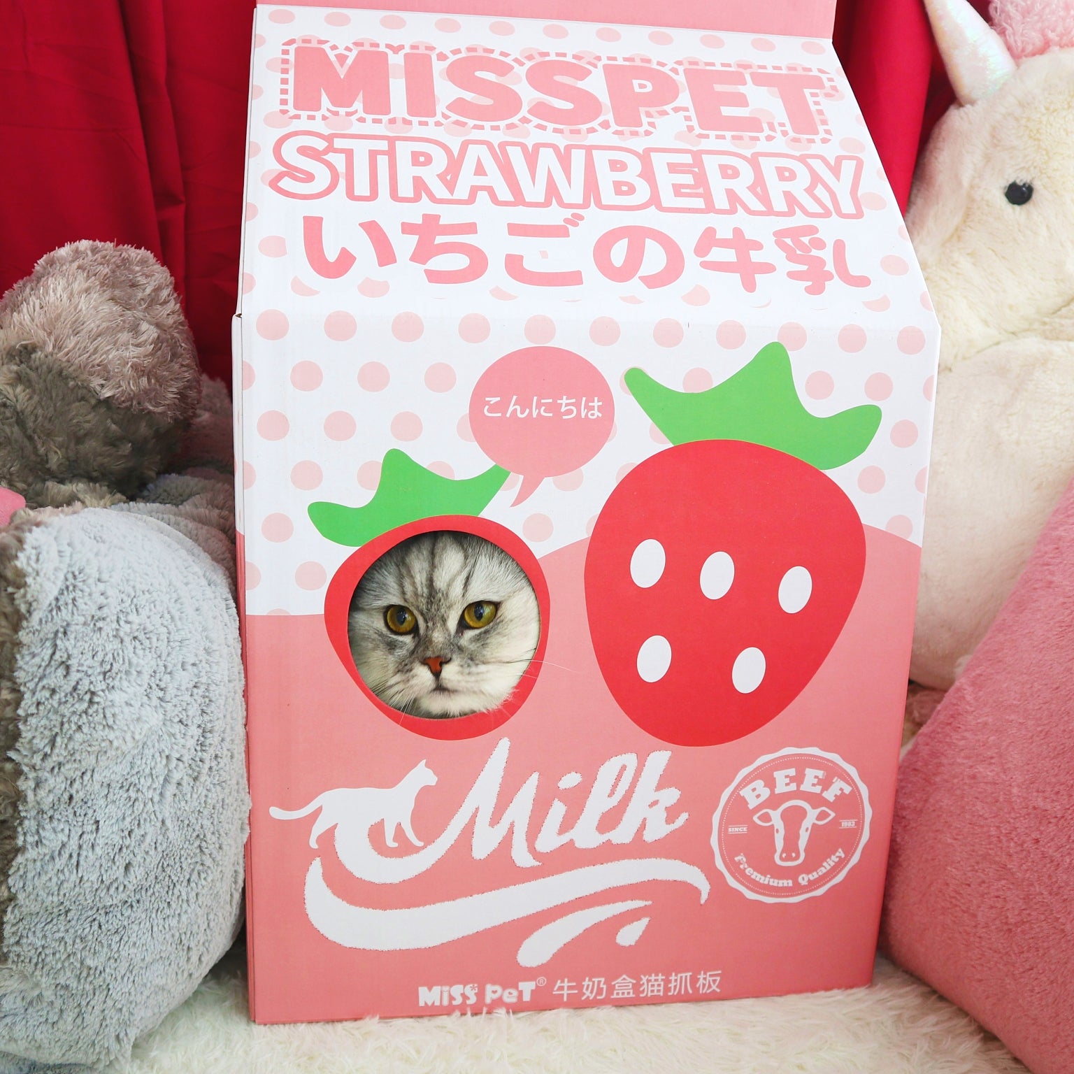 Strawberry Milk Carton Cat House with Scratch Board