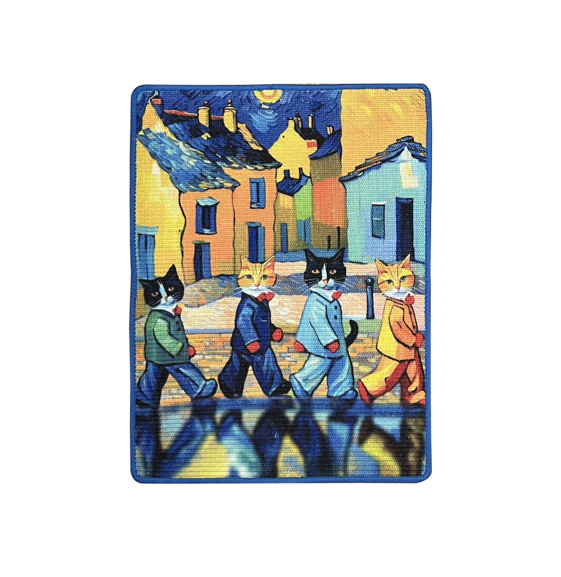 A wall-mounted cat scratching pad of four cats in colourful clothing walking down a street with houses in the background.