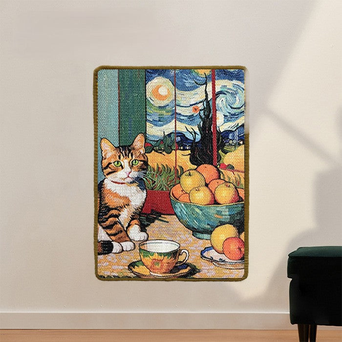 A wall-mounted cat scratching pad with a cat, fruit bowl, and cup design inspired by Van Gogh's 'Starry Night'.