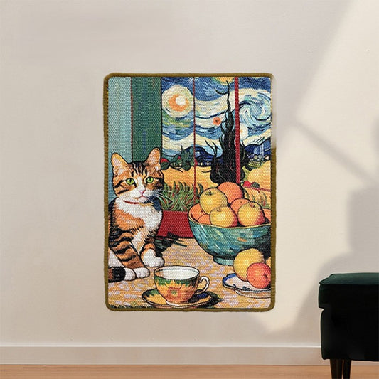 A wall-mounted cat scratching pad with a cat, fruit bowl, and cup design inspired by Van Gogh's 'Starry Night'.