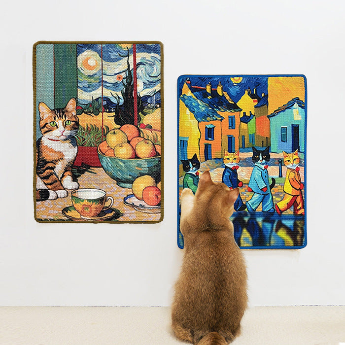 Two wall-mounted cat-themed scratching pads on a wall with a cat looking at them.