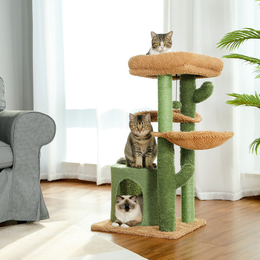 A cactus-shaped cat condo with three cats sitting on it.