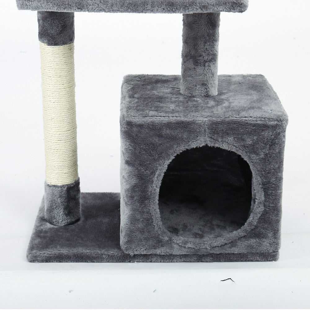 Bottom layer of a Gray Multi-Tier Cat Tree with Condo