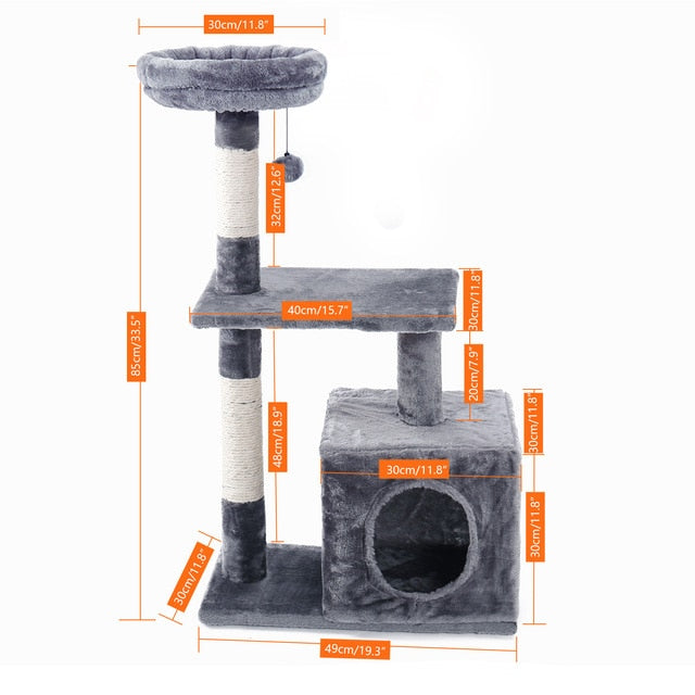 The dimensions of a gray colour multi-layer cat tree with a white background