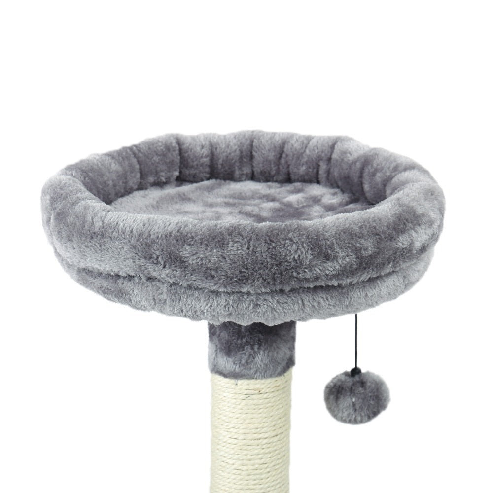 A gray multi-tiered cat tree.