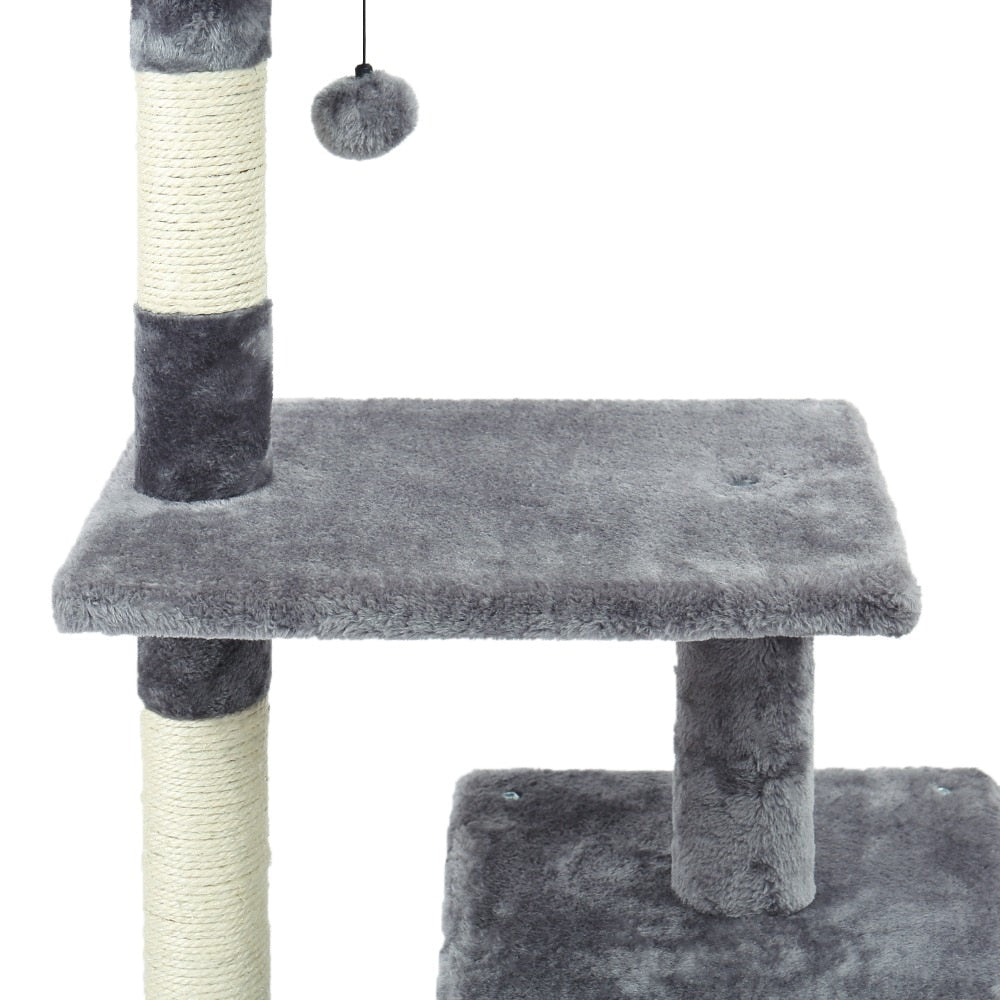 A gray multi-tiered cat tree mid-layer