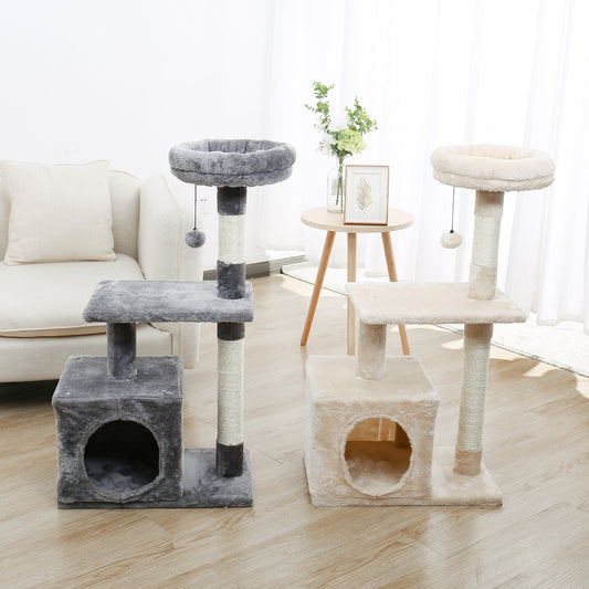 A gray and a nude colour multi-layer cat tree side by side in a living room